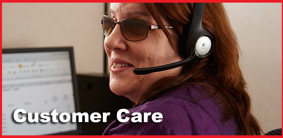 A smiling woman sits in front of a computer screen wearing a headset and dark glasses. Title - Customer Care 